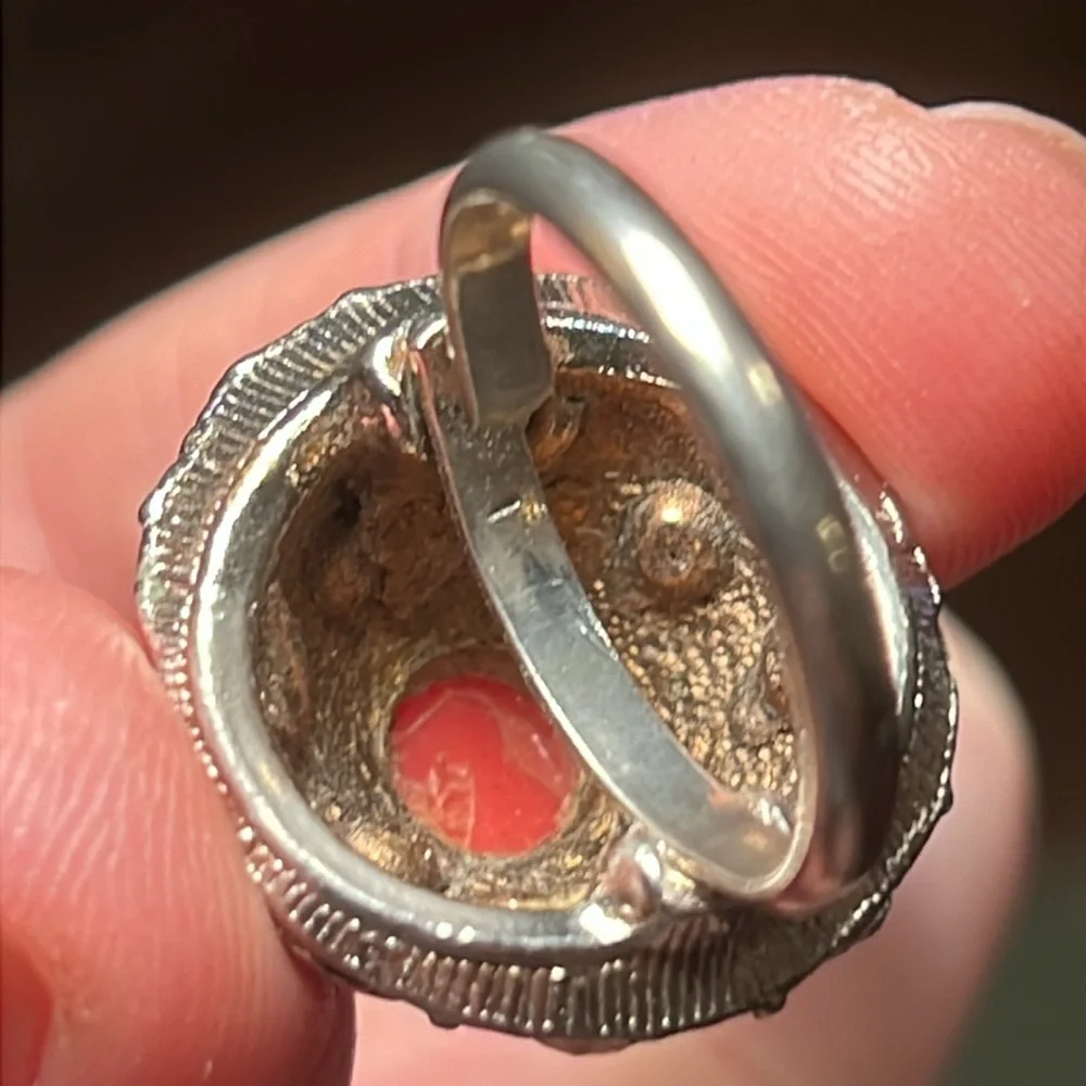 Vintage Chunky Faux Coral Cabochon Rhinestone Gem Domed Cocktail Ring